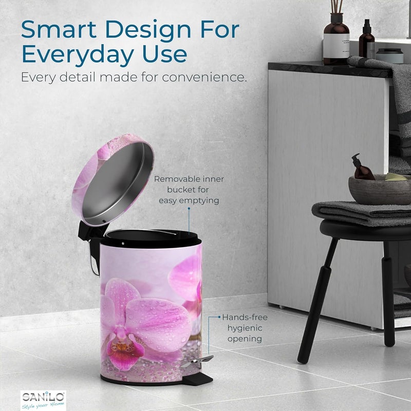 Sanilo Small Bathroom Trash Can with Lid [1.3 Gallon] - Lidded Tiny Trashcan for Garbage - Mini Metal Bin with Soft Closing Mechanism - Bath Room Accessoire Wastebin with Inner Bucket (Blooming) - Image 4